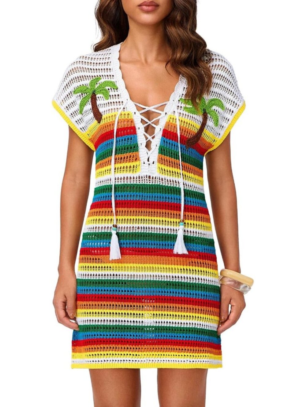 Crochet Cover Up Dress Boho Striped Beach Coverups for Women
